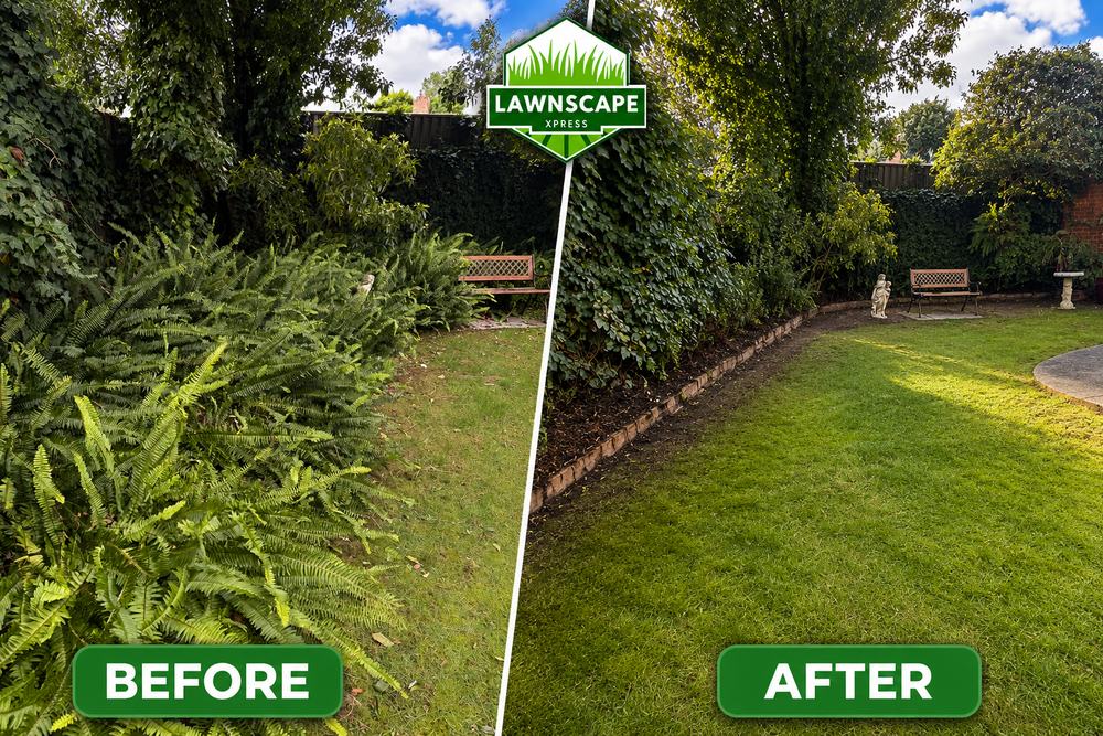Before and after: an overgrown garden bed cleared and edged, revealing a tidy lawn