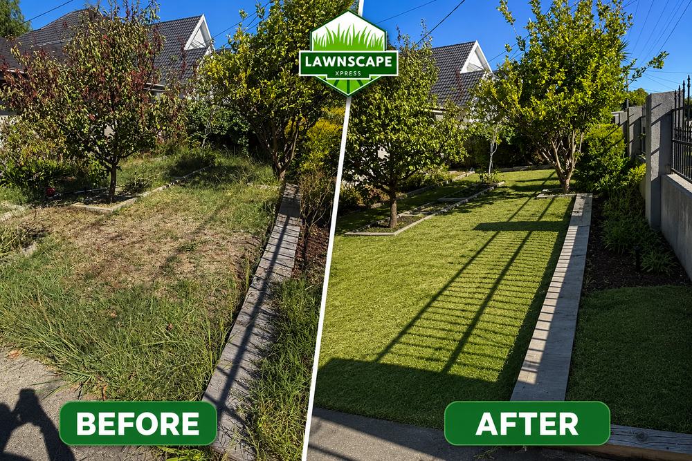 Before and after: an overgrown backyard garden transformed into a neat lawn area