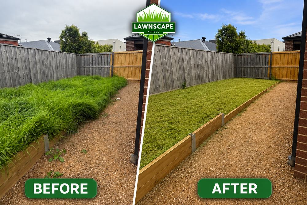 Before and after: a small side-yard patch renovated into neat, even lawn