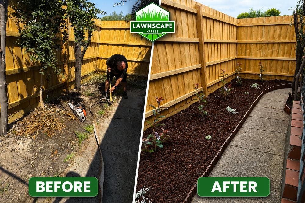 Before and after: a bare garden bed replanted and finished with fresh mulch