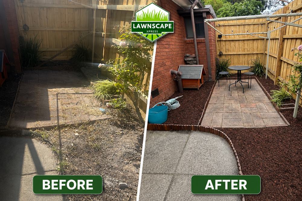 Before and after: a cluttered courtyard tidied into a clean, usable paved outdoor space